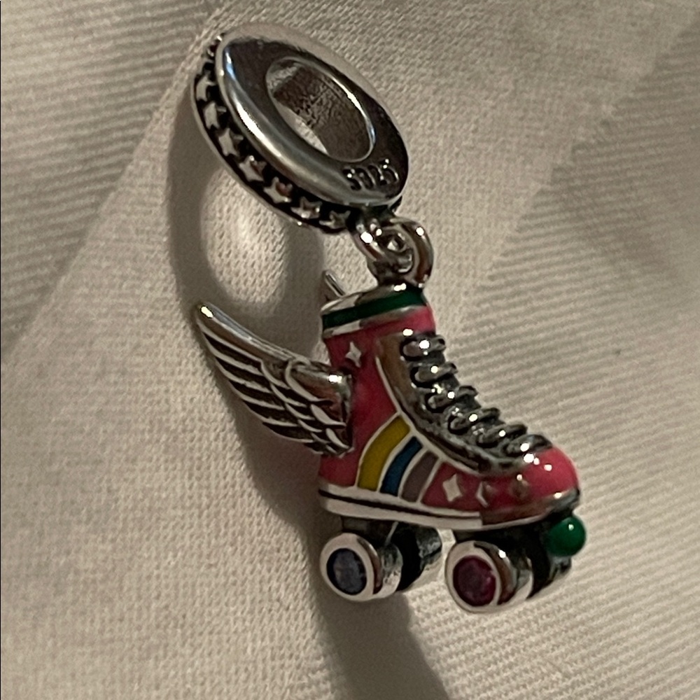 925 Sterling Silver Colorful Roller Skate Charm Pendant with Wings - Picture 5 of 14